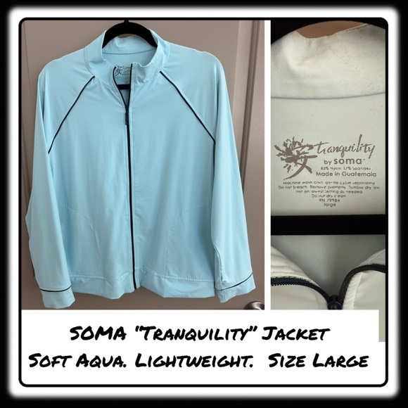 Soma “Tranquility” workout jacket soft aqua, accented with black size large - Picture 1 of 7